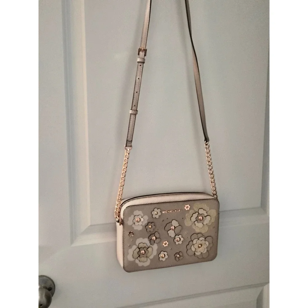 Michael Kors Jet Set EW Floral Applique Crossbody Bag Pink Beige Rose Gold - Picture 2 of 12